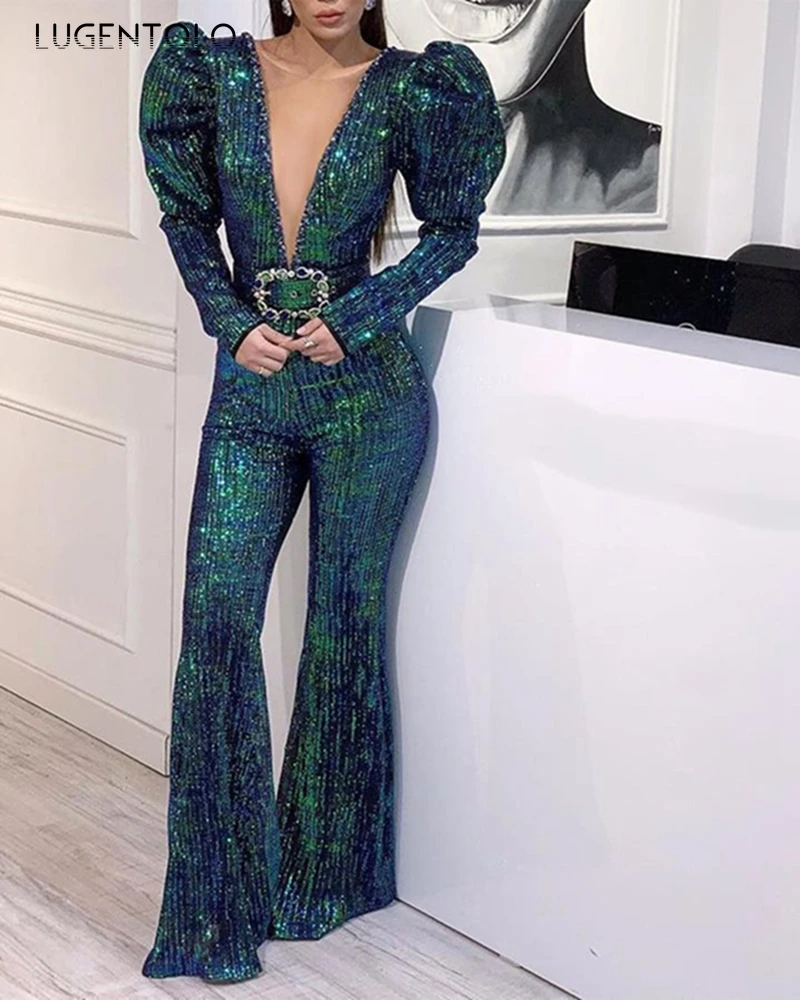 

Lugentolo Women Jumpsuit Long Sleeve V-neck Casual Women's Sequin Side Solid Fashion Long Jumpsuits