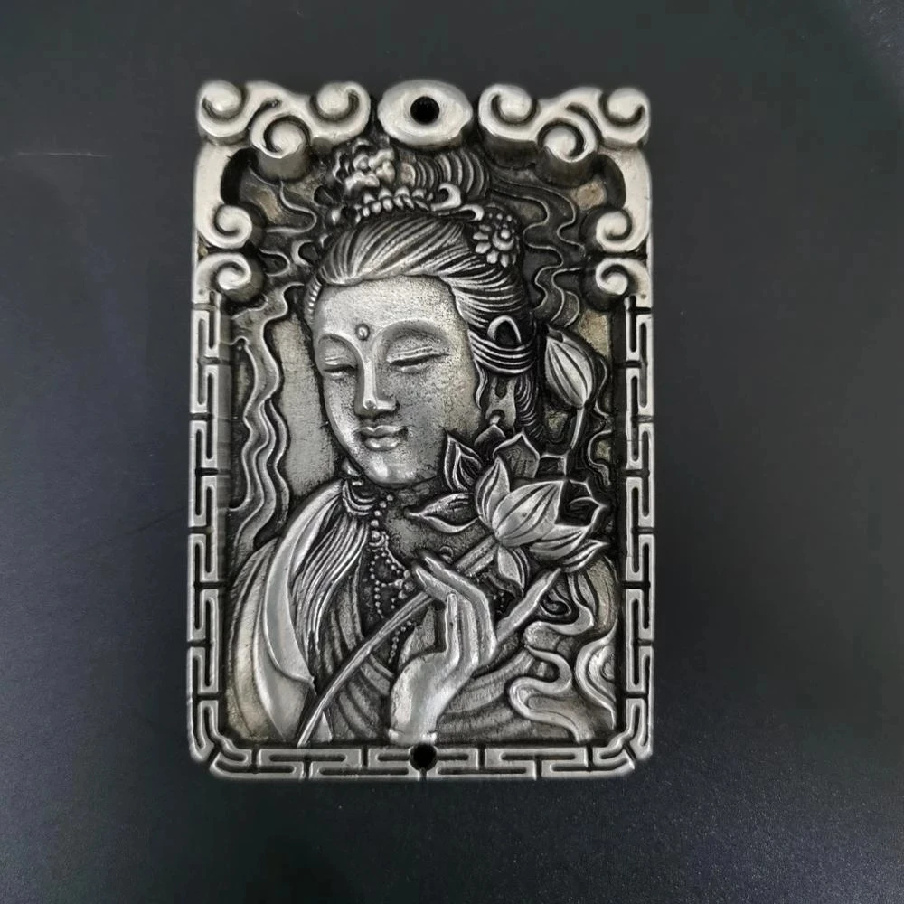 

Tibetan Silver Relief Guanyin Amulet Pendant