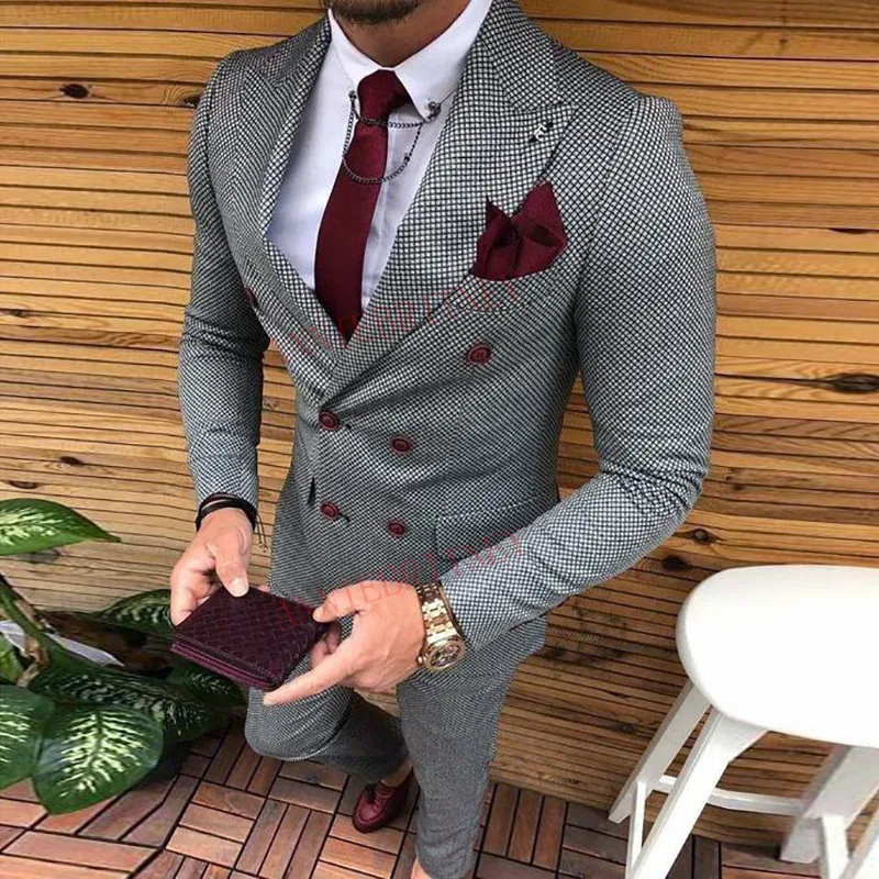 2022 New Tweed Double Breasted Male Suit Grey Slim Fit Fashion Wedding Suits for Men Prom Blazer Sets Groom Tuxedo Trouw Pak Man