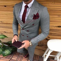 2021 new tweed double breasted men suit grey slim fit fashion wedding suits for men prom blazer groom tuxedo jacket with pants