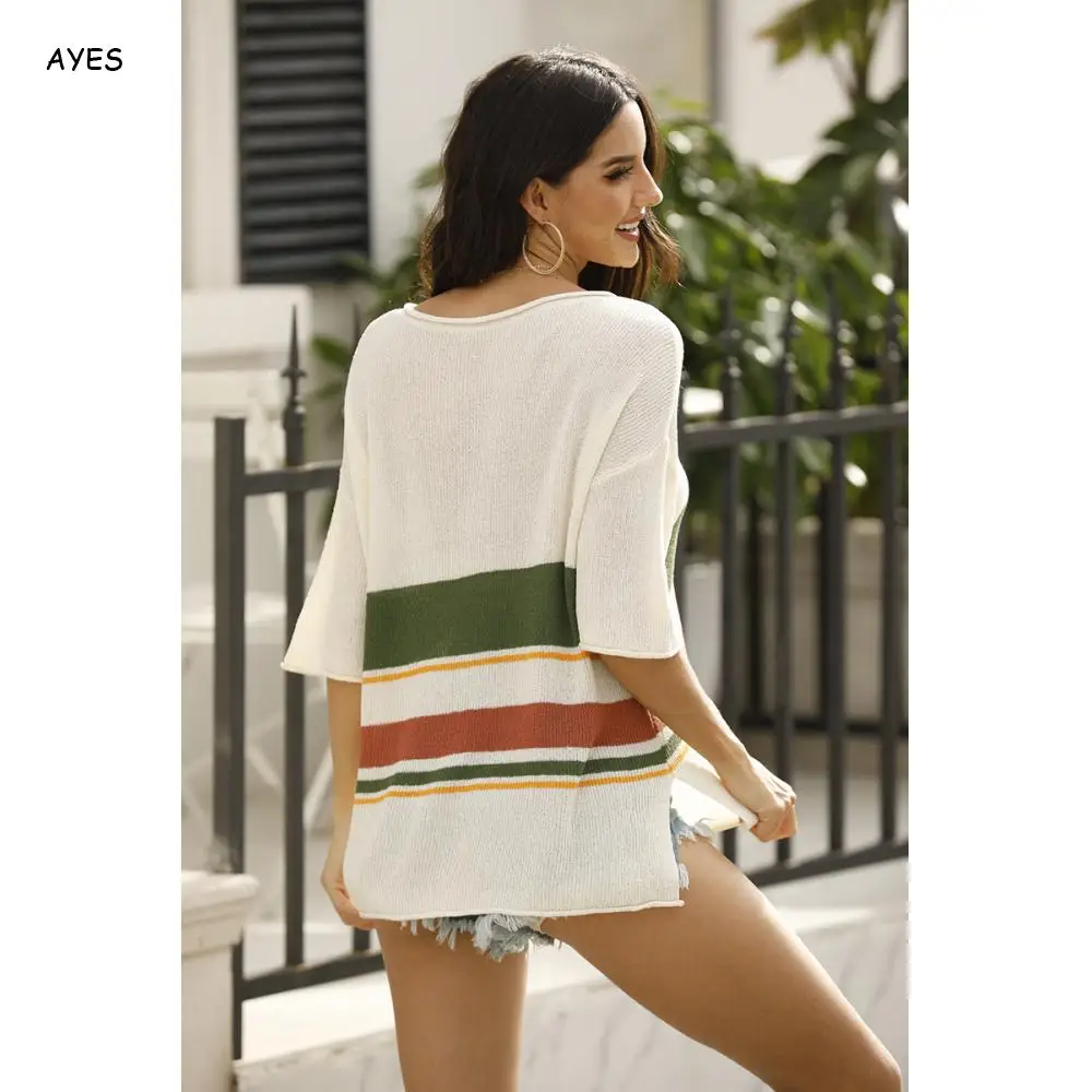 

Autumn Spring Casual Loose Jumpers Striped Patchwork thin Sweaters for Women Female Fashion Casual Knitwear Top Pullovers 2020