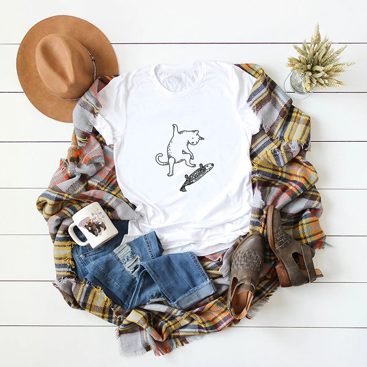 

Spoof cat fish skateboard comfortable short-sleeved women's T-shirt 100%cotton 2021 summer fashion T-shirt women t shirt