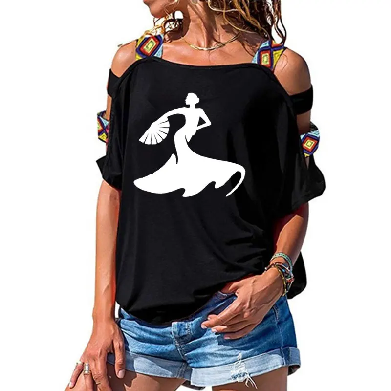 Camiseta con estampado de silueta de bailarina de Flamenco para mujer, Top de manga corta para mujer, camiseta Sexy con hombro calado