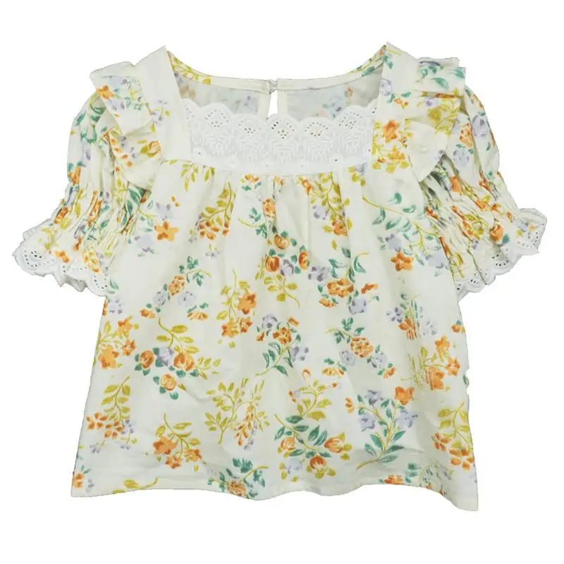 

2021 Girls Summer Blouse Vintage French Little Girls Short Sleeve t Shirt Kids Child Lace Floral Tops Korean Girls Ruffle Blouse