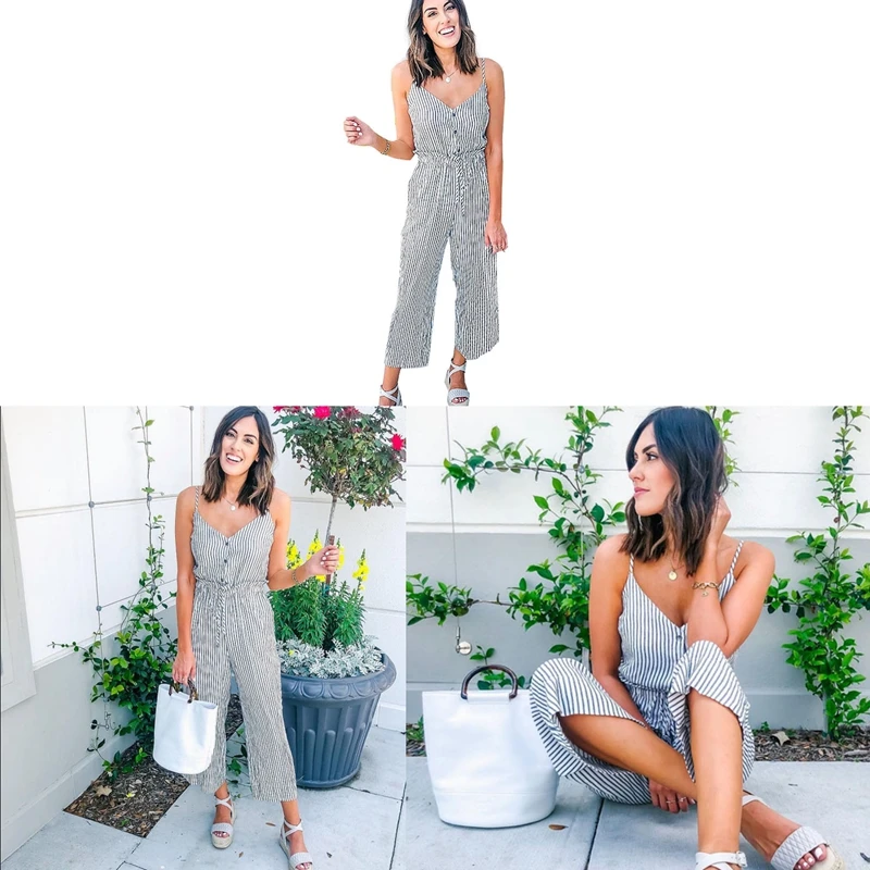 

Womens Jumpsuit Strap Striped Ladies Summer Holiday Beach Wide Leg Playsuit