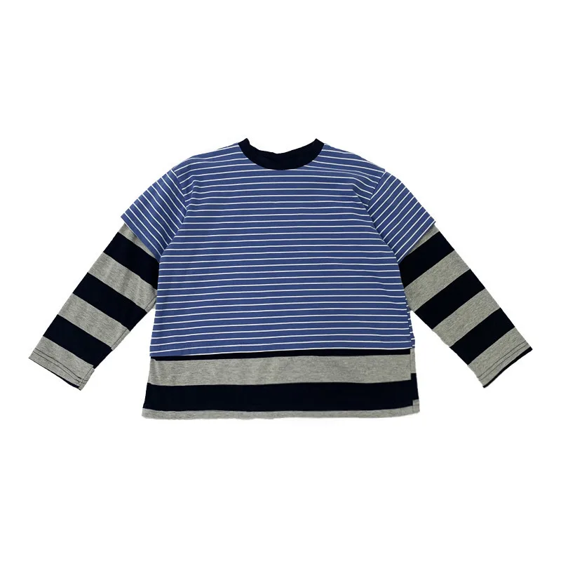 

Boys and girls tops 2021 spring new children's loose hedging fake two-piece striped sweater