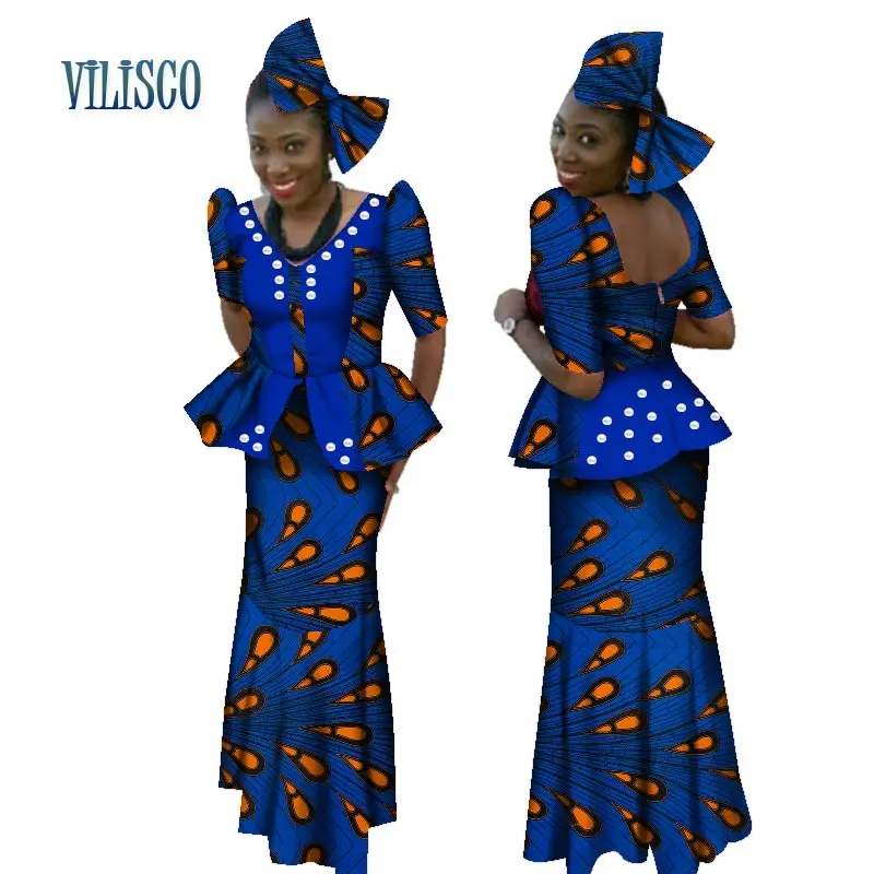 African Beads Tops and Skirt Sets Bow Knot for Women Bazin Riche Traditional African Print 2 Piece Skirt Sets Clothing WY072