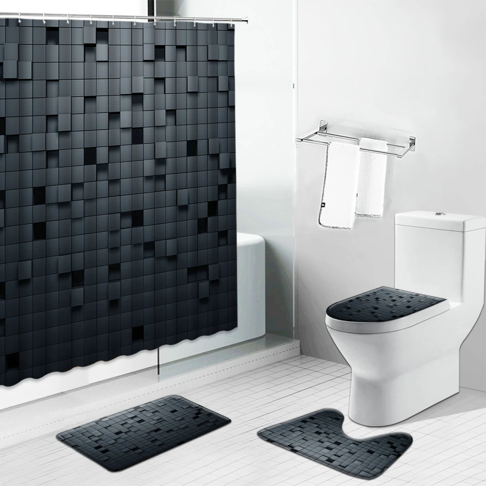 

Geometry Black Shower Curtains Bath Mat Morocco Classic Bathroom Decor Bathing Screen Non-Slip Rug Toilet Lid Cover Carpet Set