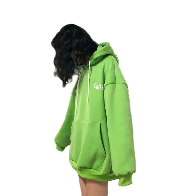 

Autumn Winter Fleece Warm Hooded Sweatshirts Green Pullovers Gothic Streetwear Letter Print Long Hoodie Women Fashion Clothing