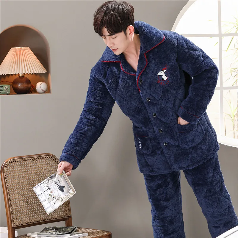 Winter Men Casual Thick Warm Pajamas Set Flannel Long Sleepwear Solid Nightwear Homewear Turn Down Collar Pyjama Homme