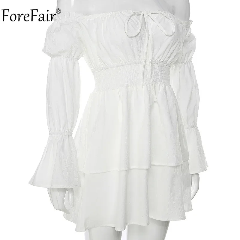 Forefair с открытыми плечами рюшами с пышными рукавами Boho Платье Белое Женское с рюшами пляжное платье без бретелек повседневное хлопковое с длинным рукавом Сарафаны