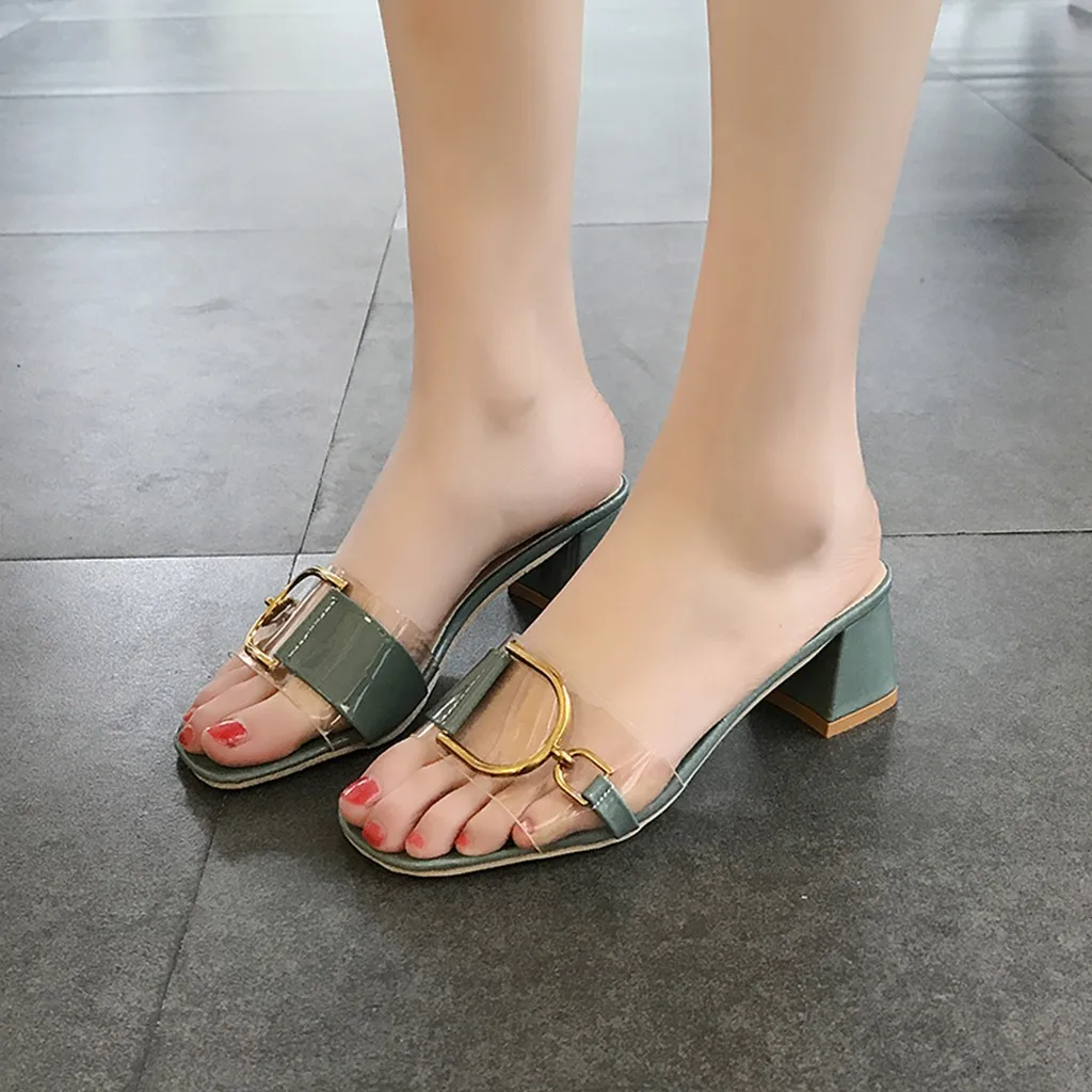 Fashion Slip-on Sexy Slippers Women Square Toe High Heels Transparent Sandals Classic Lady Comfort Shoes Woman Slides Summer | Обувь