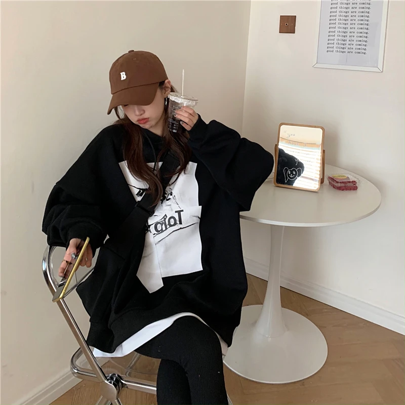 

EX524 2021 design sense fake two-piece plus velvet thick mid-length loose long-sleeved Sweatshirts