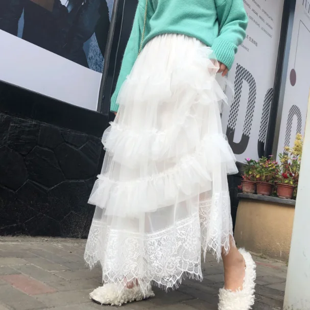 Милые тюлевые юбки Длинные одноцветные в сеточку для женщин 2020 многослойная юбка