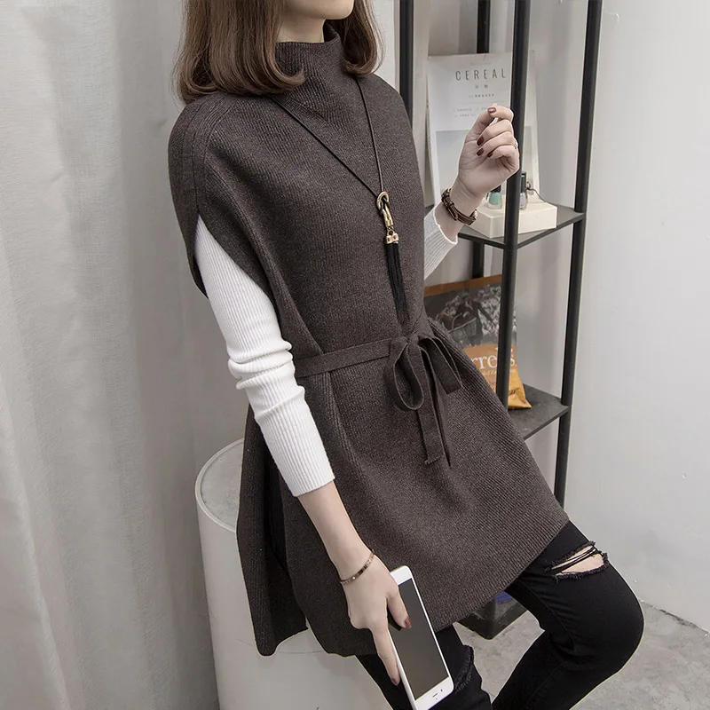 

Fall 2020 Newest Knitted Waistcoat Fashion Office Lady Elegant Suit Women Belted Turtleneck Vest Batwing sleeve Sweater Vest