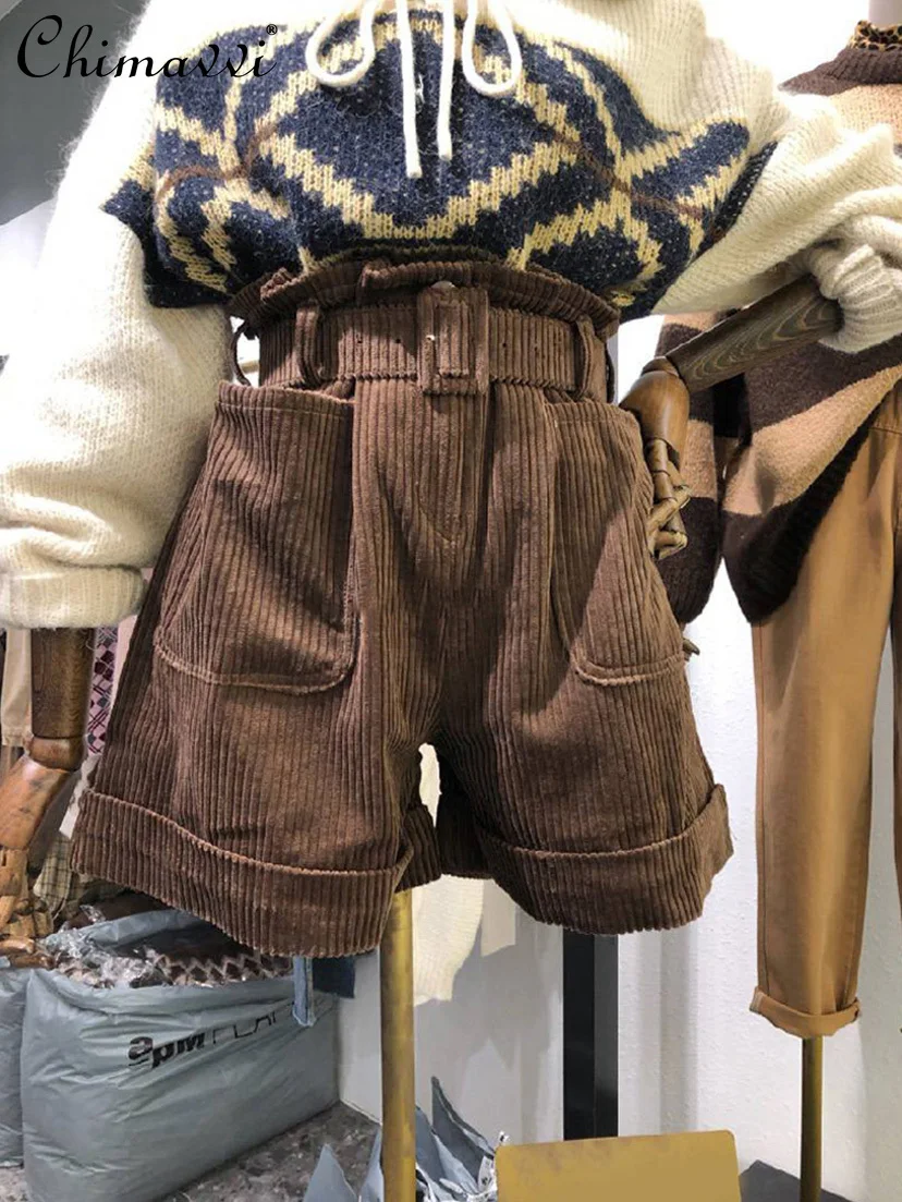 

Шорты женские однотонные с завышенной талией, модные повседневные винтажные широкие брюки в корейском ретро стиле, коричневые короткие шта...