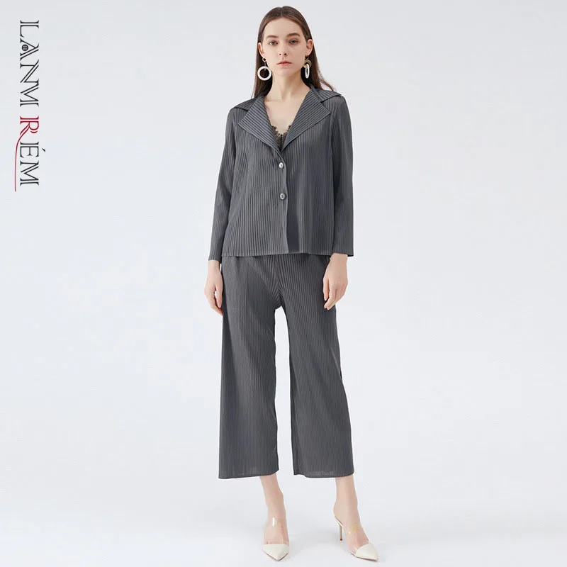 LANMREM/Серый свободный костюм со складками Модный комплект новые женские брюки с