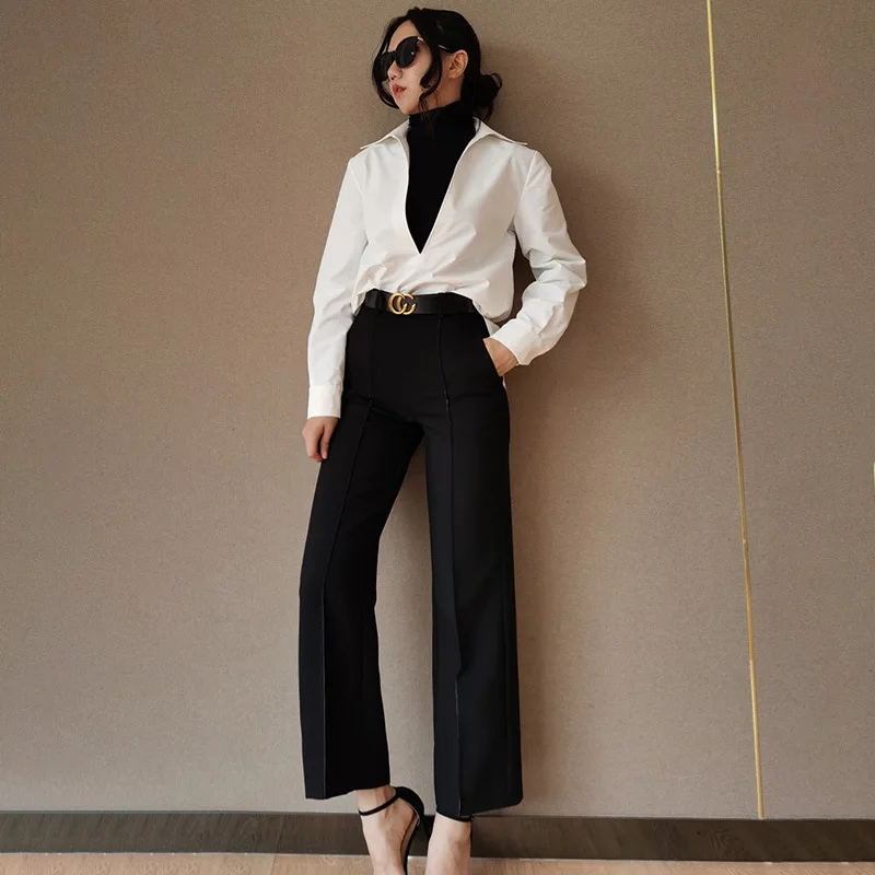 

Ladies Office Wear Black Wide Leg Pants 2021 Spring Suit Trousers For Women High Waist Loose Spodnie Damskie Bussiness Clothing