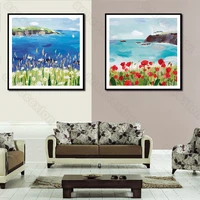 beautiful scenery picture canvas painting wall poster deep blue water tiny chrysanthemum and red corn poppy for home rooms decor