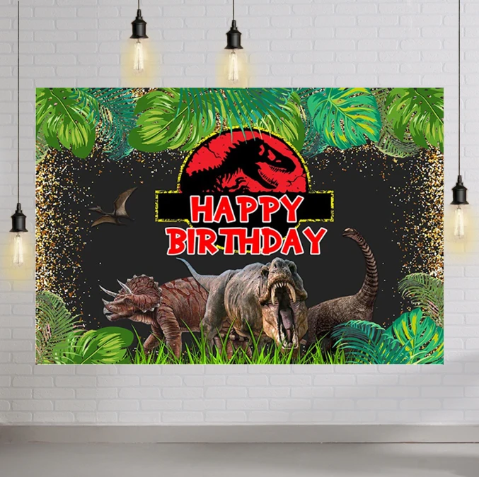 

Dinosaur Birthday Backdrop Green Leaves Photo Background Props Boy Gold Glitter Safari Jungle Happy Birthday Party Decoration