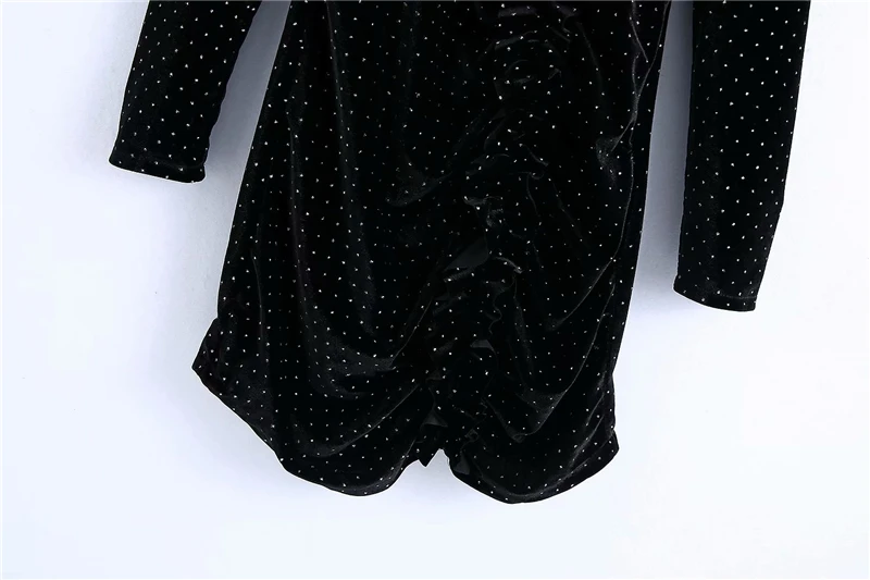 

Elegant Women Silvery Dot Slim Dresses 2020 Fashion Ladies Draped Ruffles Velvet Dress Sexy Female Chic V-Neck Mini Vestidos