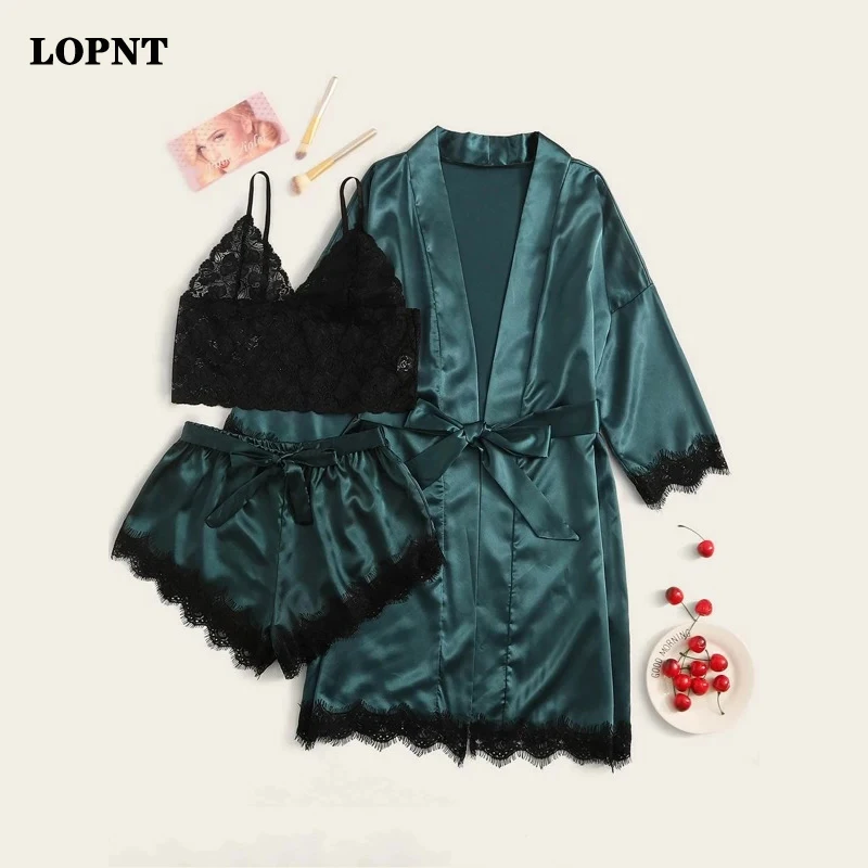 LOPNT Новая летняя Пижама комплект одежды из 3 предметов женское атласное ночное