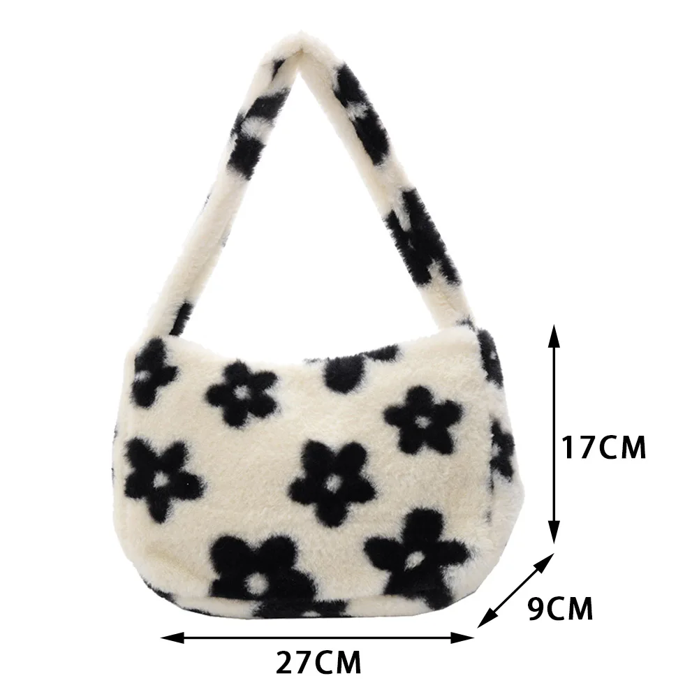 

Casual Flower Printed Shoulder Underarm Bag Autumn Women Plush Soft Fluffy Handbag Street Travel Top-handle Clutch Purse