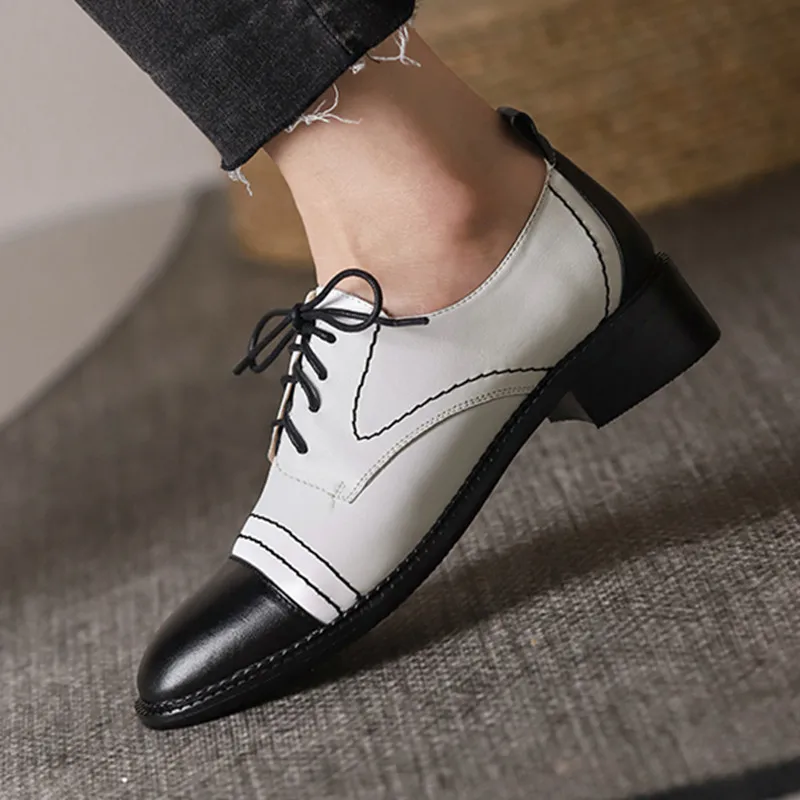 

Genuine Leather Platform Chunky Heels Pumps Elegant Cross Tied Shallow Shoes For Women Autumn Party Working Shoes Woman