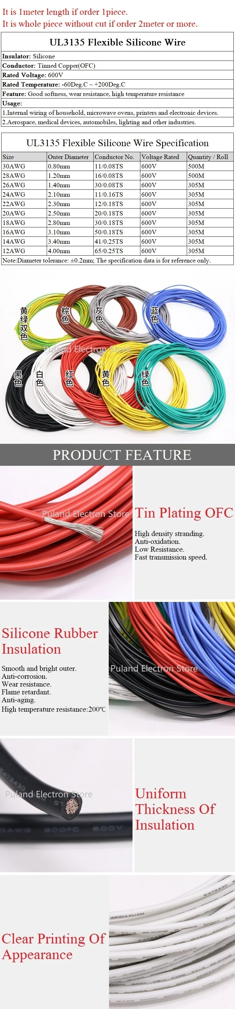 UL3135 провод из силиконовой резины 30AWG 28WAG 26AWG гибкий изоляционный мягкий Электронный светильник DIY кабель Луженая Медь высокая температура 600 в