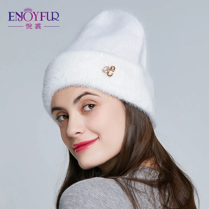 ENJOYFUR мех кролика, шерстяные шапки для зимы женские шапки с высококачественные Стразы толстые теплые осенние зимние шапки бини - Цвет: 10