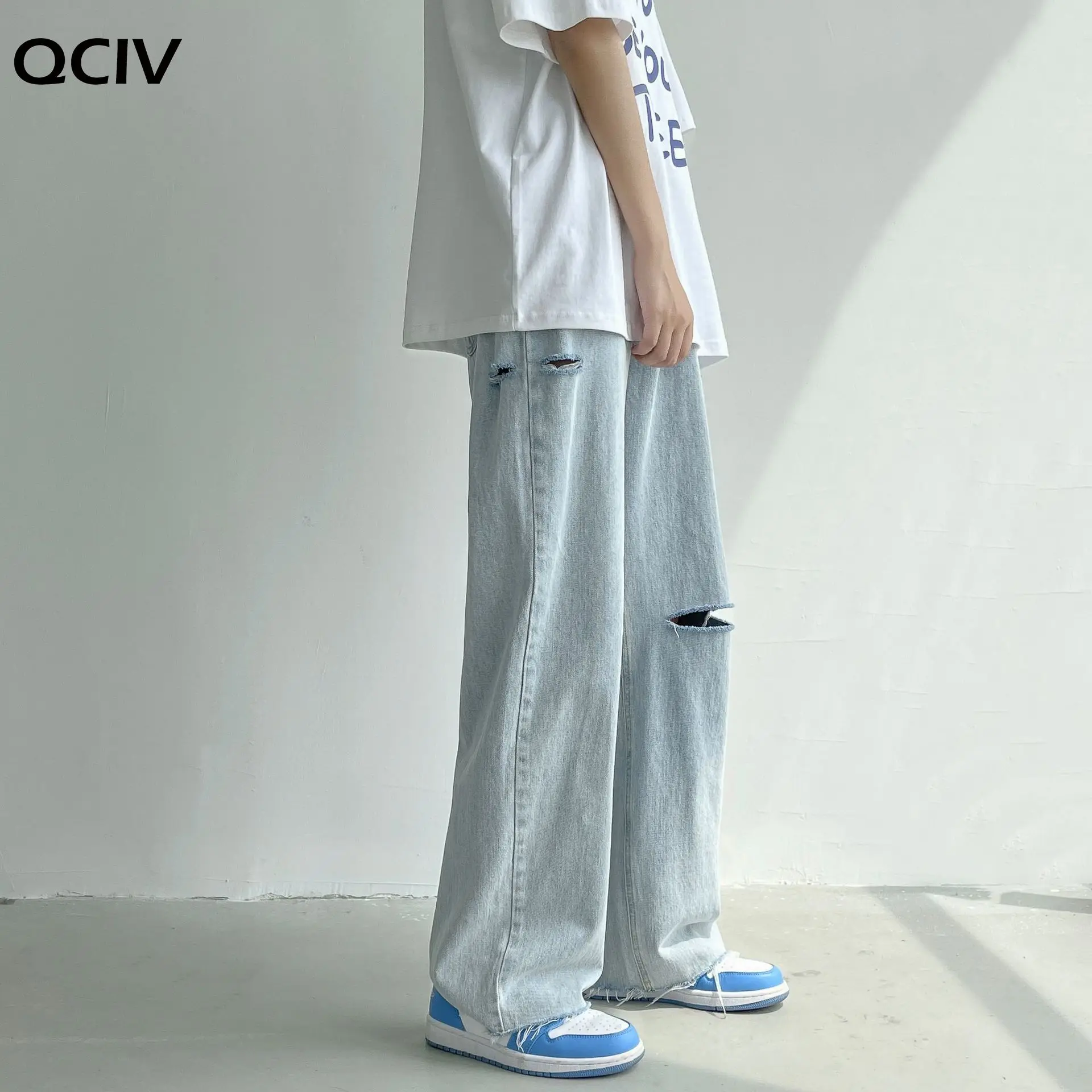 Summer Wide-leg Jeans Men Fashion Light Blue Casual Ripped Jeans Men Streetwear Loose Hip-hop Hole Straight Denim Trousers Men