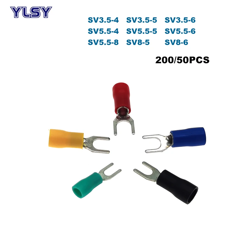 

200/50pcs Spade Insulated Furcate Crimp Terminals Electric Wire Connector SV3.5 SV5.5 SV8 Lug Cable Ferrules 14-8AWG 2.5-10mm2