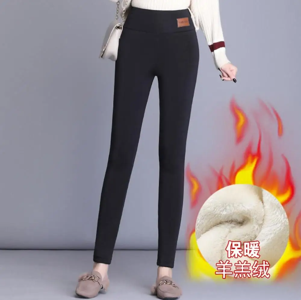 

2021 Black warm pants winter skinny thick velvet casual wool fleece Trousers Lambskin Cashmere Pants For Women leggings