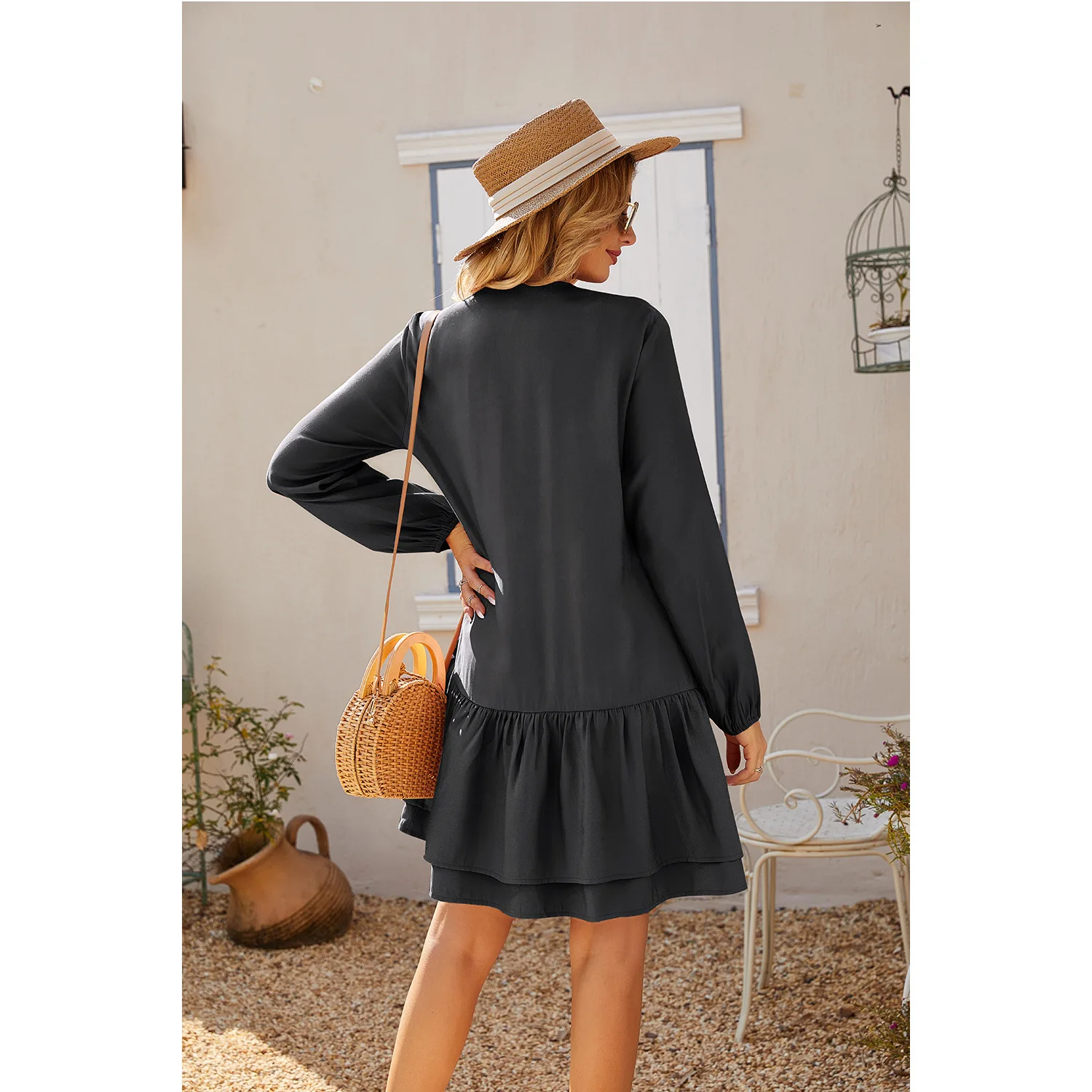 

Europe And America Casual 2020 Spring Autumn Women Dress Casual Female Fashion Long Sleeve Loose Soild Color V Neck Elegant