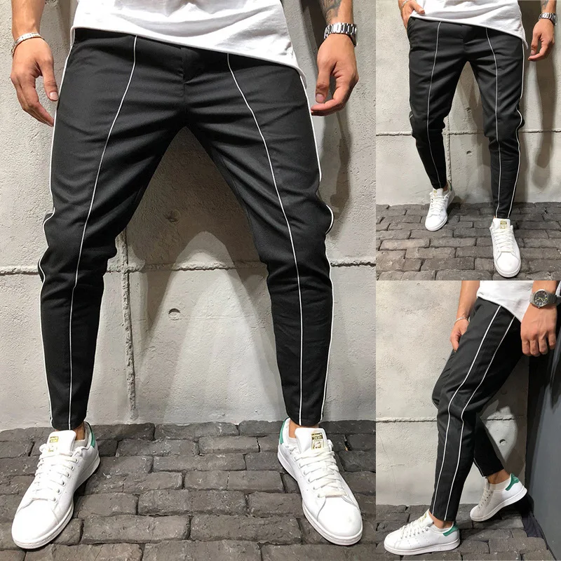 

2020 European Code Fall/winter New Men's Fashion White Strip Stitching Rope Belt Casual Pants Joggers Men Pantalones De Hombre