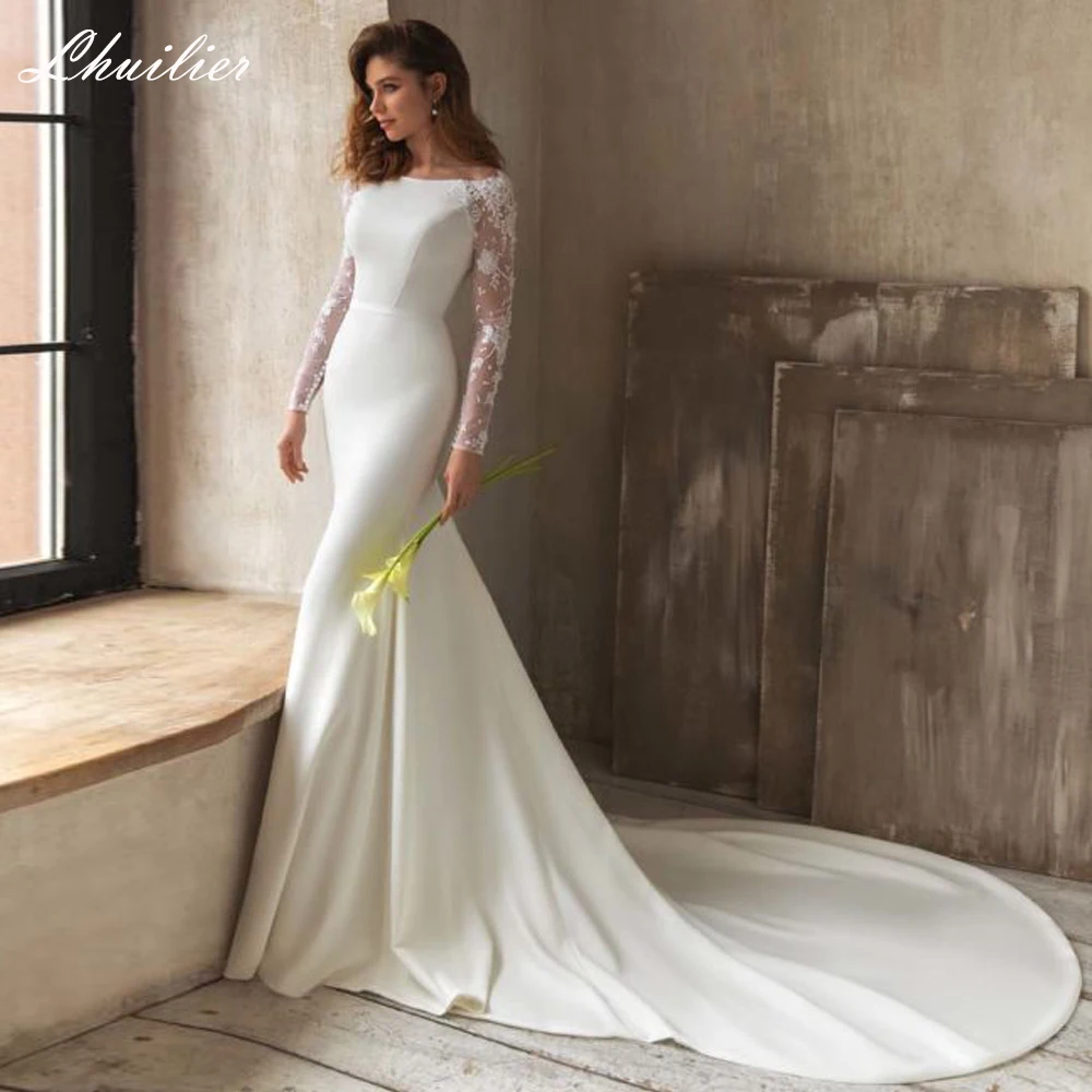 

Lhuilier Women's Mermaid Boat Neck Satin Wedding Dresses 2020 Lace Long Sleeves Floor Length Bridal Gowns with Open Back