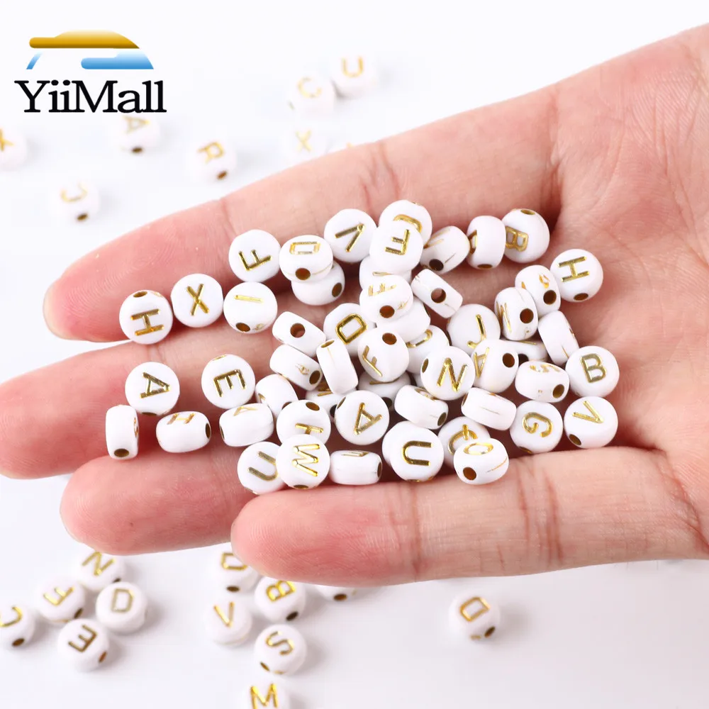 White Gold Color Mixed Letter Acrylic Beads 7mm Flat Round Spacer Alphabet Beads Jewelry Making Handmade Necklace Bracelet DIY