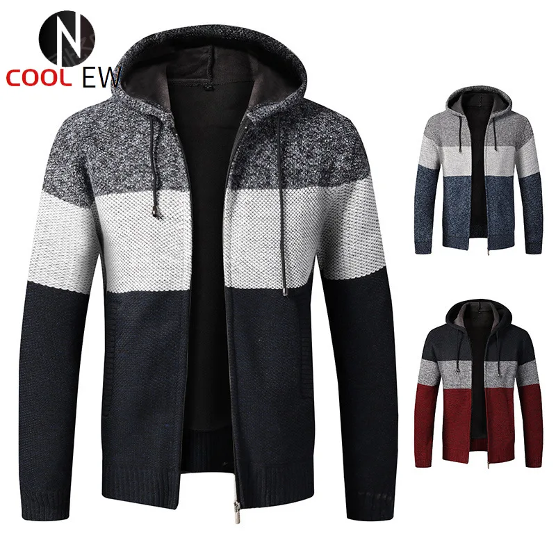 

2021 Fall/Winter clothes Men's Explosive Gradient Plus Fleece Thick Sweater Large Size Slim Jacket Cardigan with Hood