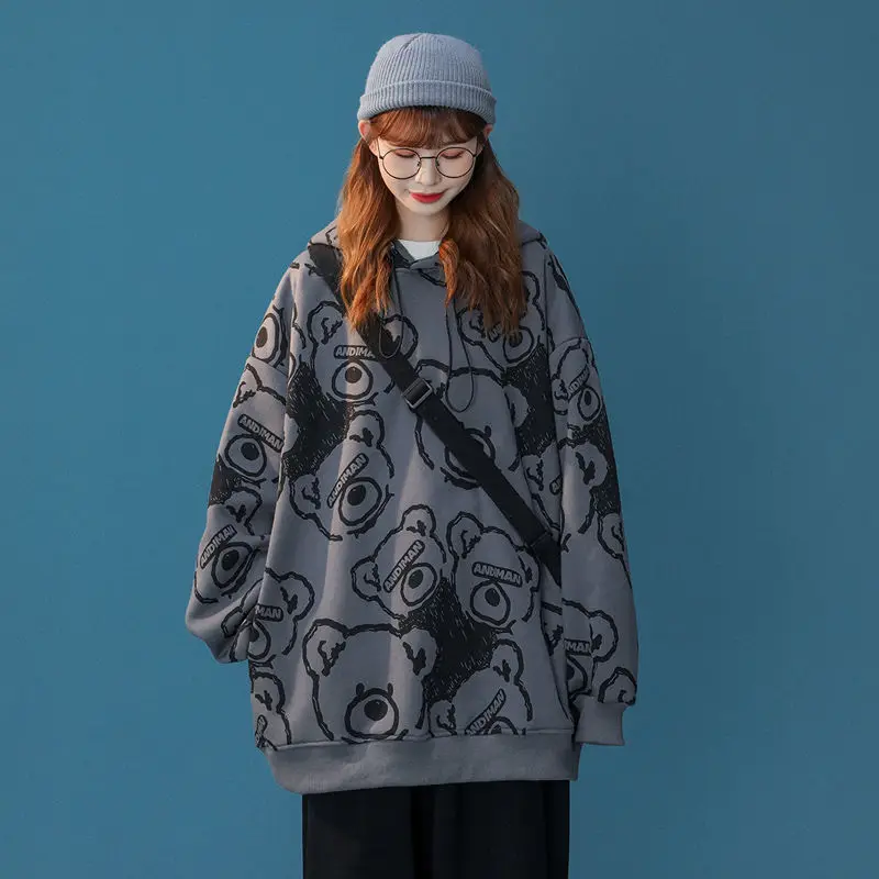 

Full Print Bear Cute Hooded Sweater Women Autumn And Winter 2021 New Style Fried Street Harajuku Coat Tide Ins Salt Lazy Top