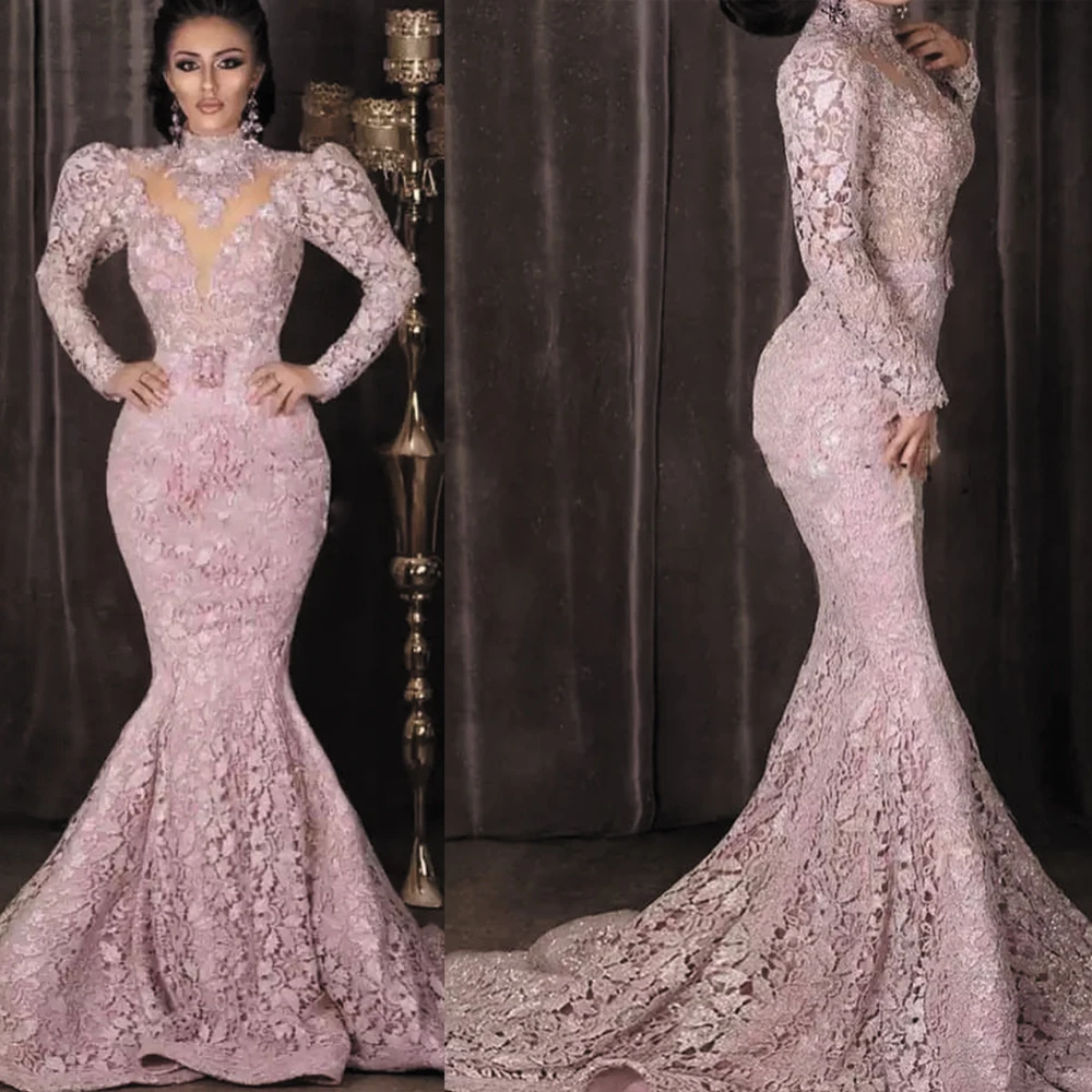 

SuperKimJo Abendkleider Lace Evening Dresses Long Sleeve 2020 High Neck Mermaid Pink Modest Evening Gowns Robe De Soiree