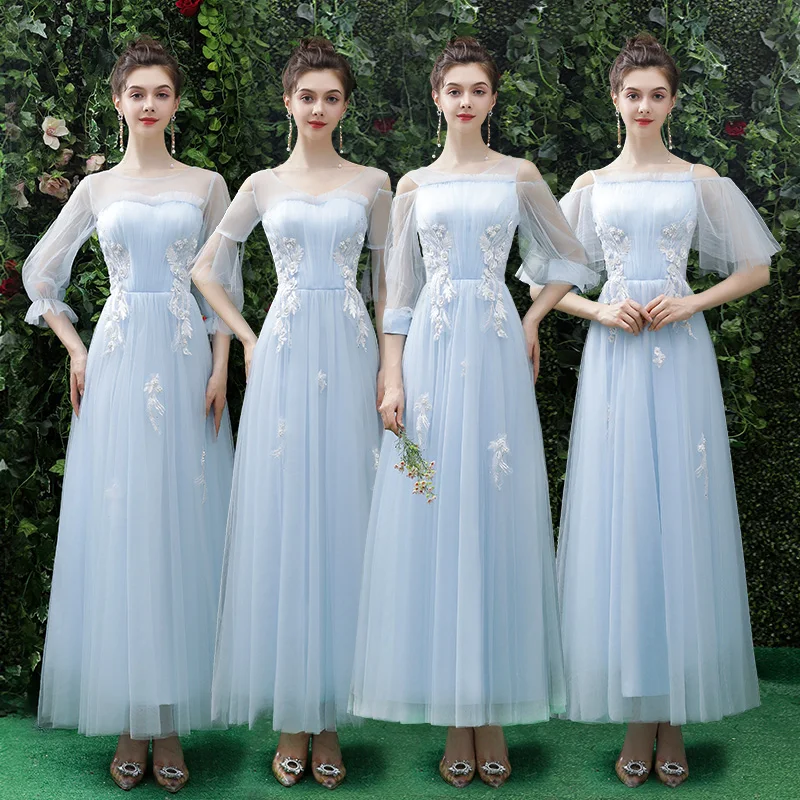 

Bridesmaids Dresses Illusion Full O-Neck Appliques Embroidery Pearls Pleat Lace Tulle Luxury A-Line Lady Wedding Party Gown E700