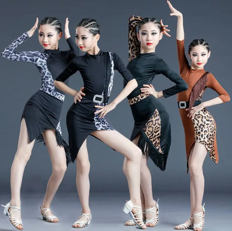 

Girls Long Sleeve Latin Dance Dress Ballroom Salsa Tango Skirts Suit Kids Children Leopard Print Latin Dance Split Dress
