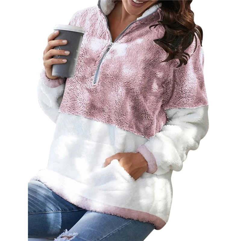 

Streetwear Fashion Plush Pullover Coat Sweater Women Long Sleeve Zipper V-Neck Casual Tops Autumn Winter Warm Sweater Coat 2021