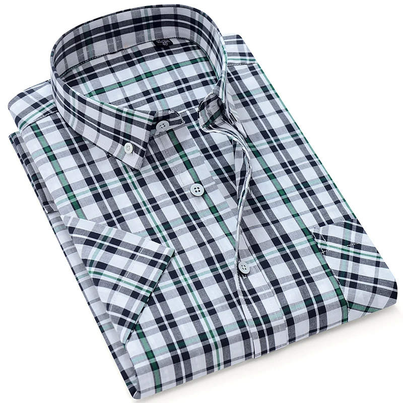 Мужская рубашка Повседневная с коротким рукавом 100% хлопок в клетку полоску