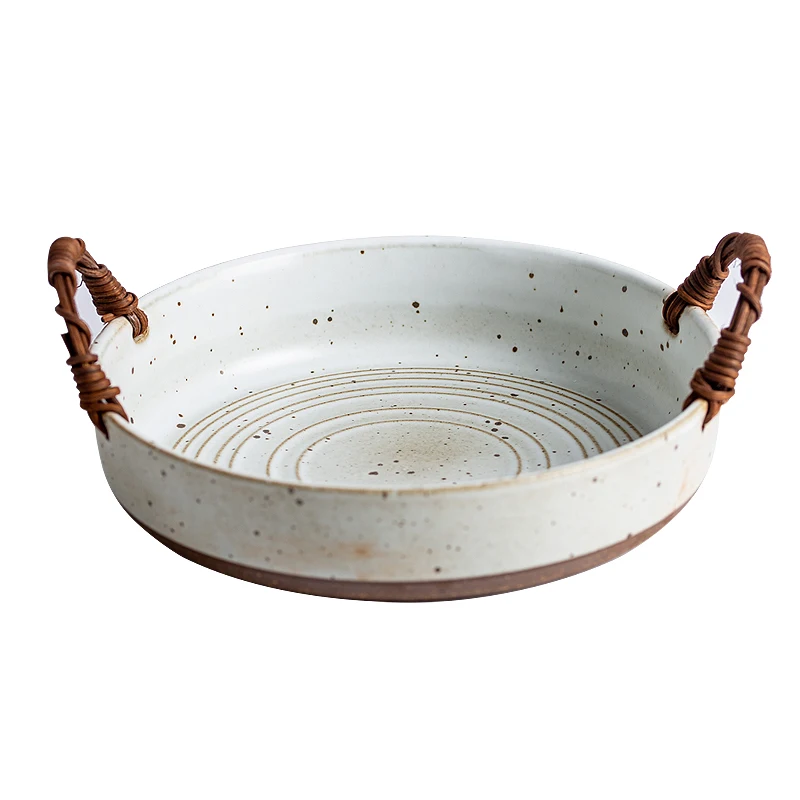 

Kinglang Retro Plate with Handle Ceramic Porcelain Tableware Fruit Tray Dish