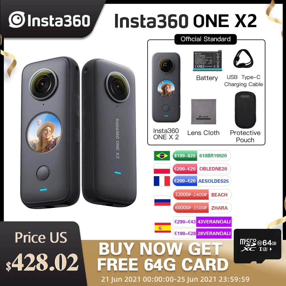  Insta360 One X2 Sport Action Camera 5.7K Video Waterproof To 10M FlowState Stabilization Steady Cam Mode Action Camera 