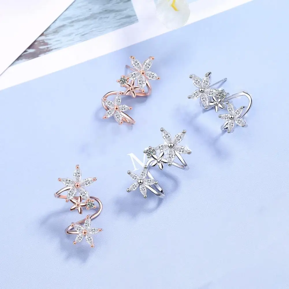 

1 Pair Women Clip Earrings Flower Shape Arc Jewelry Cubic Zirconia All Match Ear Cuffs for Party
