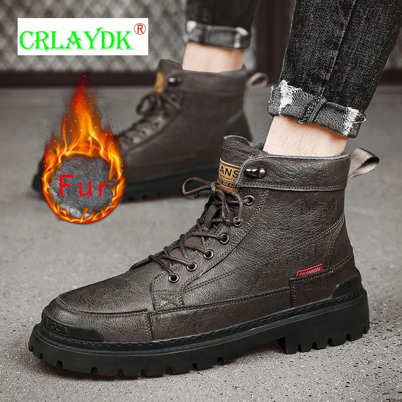 

Мужские зимние ботинки CRLAYDK для холодной погоды с мехом и флисовой подкладкой, кожаные удобные водонепроницаемые уличные ботинки на шнуров...