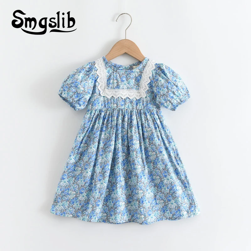 

SMGSLIB Girls 2021 Summer Dresses New Kids Fashion Flowers Clothes Casual Floral Dress Children Retro Vestidos Lace Sweet Suits