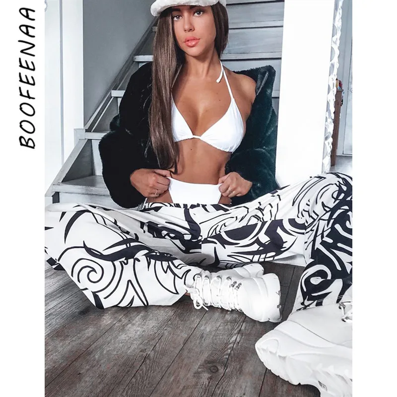 BOOFEENAA модные черно-белые широкие брюки с принтом женская уличная одежда